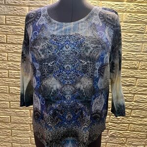 ONE WORLD Blue and Black Patterned Blouse with Jeweled Front